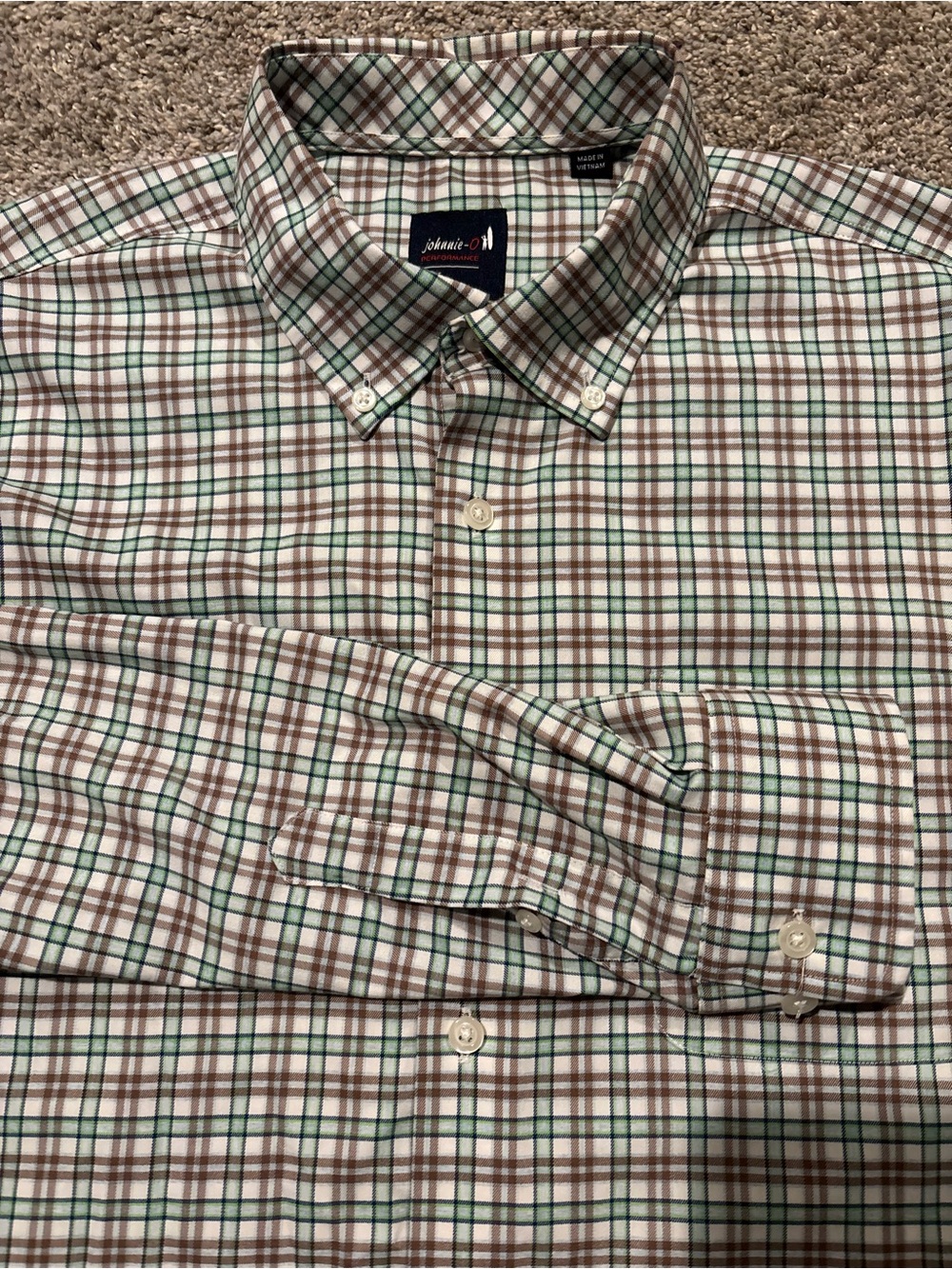 Johnnie-O Men's Long Sleeve Dress Shirt Brown Green Plaid Summer Sz Large